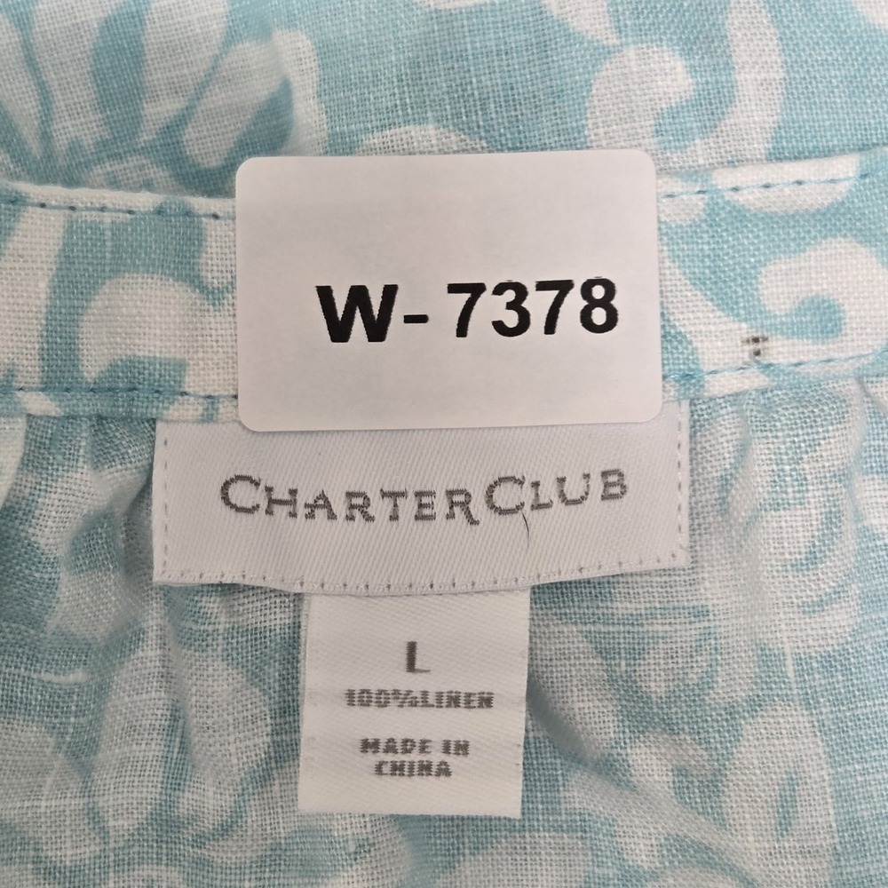 Charter Club Women Blouse L Light Blue Linen Floral Button Ruffle Scoop Neck - Picture 2 of 7